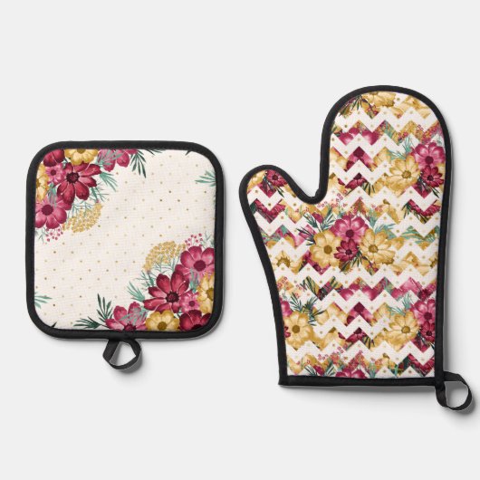 ABSTRAKTE WEISSE BURGUNDY & GELBE BLUMEN OFENHANDSCHUH & Topflappen-Set (Vorderseite)