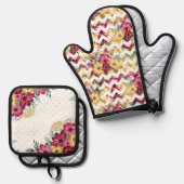 ABSTRAKTE WEISSE BURGUNDY & GELBE BLUMEN OFENHANDSCHUH & Topflappen-Set (Vorderseite/Rückseite)