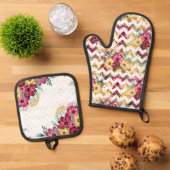 ABSTRAKTE WEISSE BURGUNDY & GELBE BLUMEN OFENHANDSCHUH & Topflappen-Set (Oben Unten)