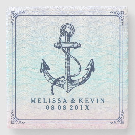 Abstrakte Welle von Navy Blue Nautical Boat Anker Steinuntersetzer (Vorderseite)