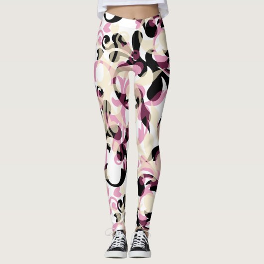 Abstrakte Wellen mit Curly Black Pink Leggings (Vorderseite)