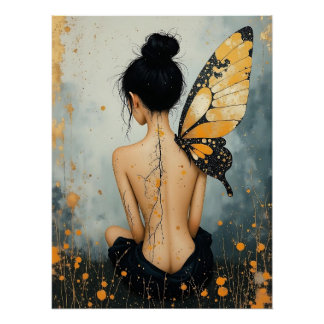 Abstrakte Whimsical-Frau und Schmetterling Poster