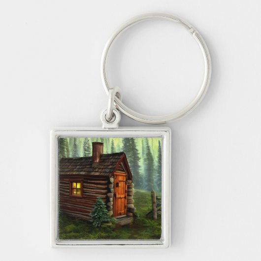 Abstrakte Whimsical Kleine Jagdhütte Schlüsselanhänger (Vorne)