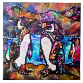 Abstrakte Whimsical Pinguin Familie Blumenfarben Fliese (Vorderseite)
