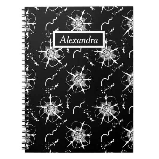 Abstrakte White Line Art Blume auf Black Notebook Notizblock (Vorderseite)