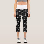 Abstrakte White Line Art Blume auf schwarz Capri Leggings (Vorderseite)