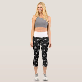 Abstrakte White Line Art Blume auf schwarz Capri Leggings