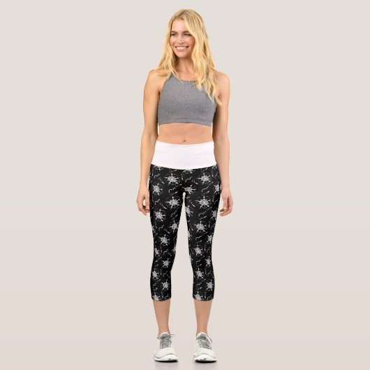 Abstrakte White Line Art Blume auf schwarz Capri Leggings (Vorderseite)