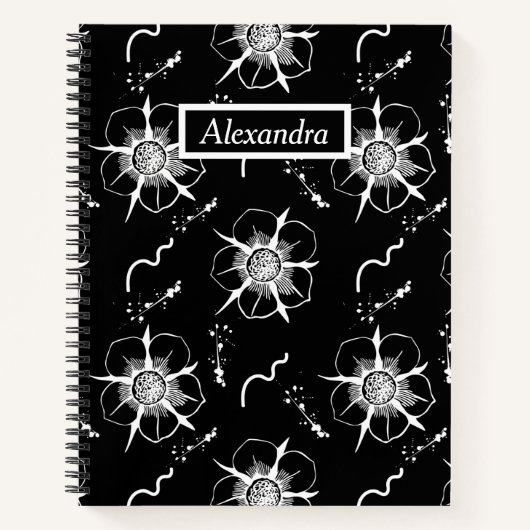 Abstrakte White Line Art Blume auf schwarz Notizblock (Vorderseite)
