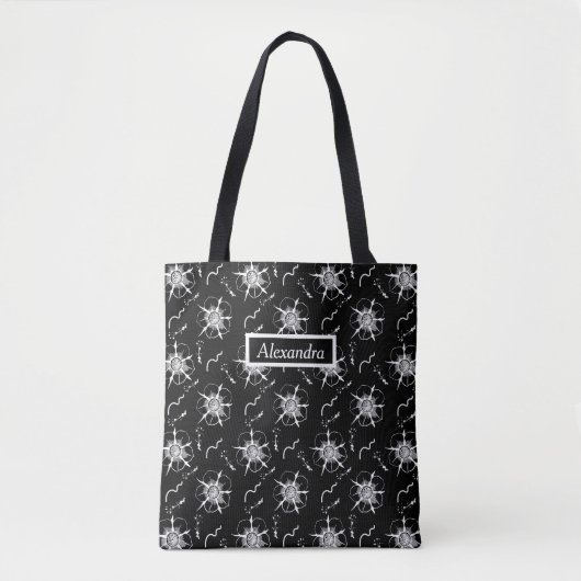 Abstrakte White Line Art Blume auf schwarz Tasche (Vorderseite)