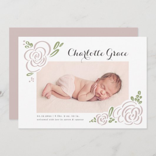 Abstrakte Wildblume Script Foto Birth Ankündigung (Vorne/Hinten)