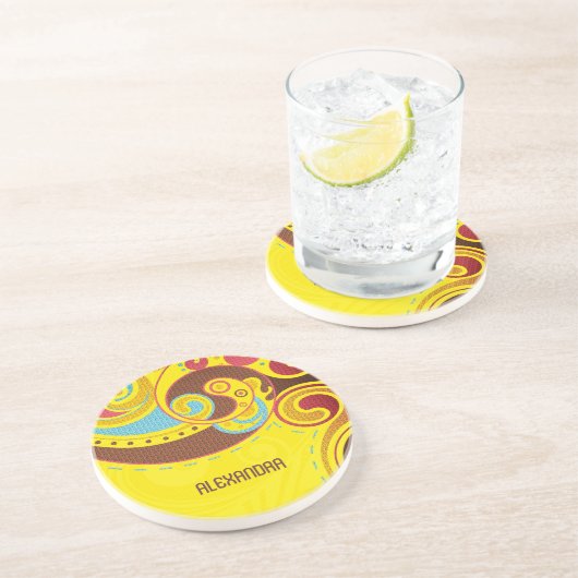 Abstrakte Wirbel-Monogramm in warmen und gelben Fa Getränkeuntersetzer (Seite)