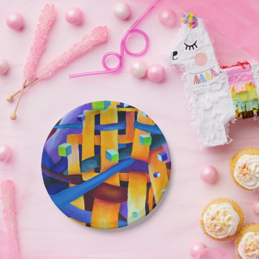 Abstrakte Würfel lila Pappteller (Party)