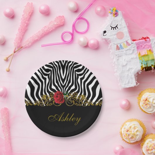 Abstrakte Zebra Blume Red Schwarz-weiß Gold        Pappteller (Party)