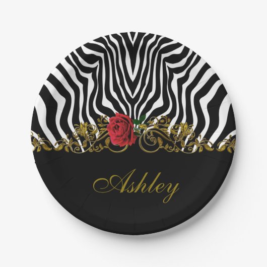 Abstrakte Zebra Blume Red Schwarz-weiß Gold Pappteller (Vorderseite)