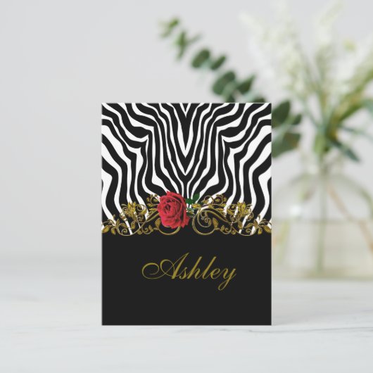 Abstrakte Zebra Blume Red Schwarz-weiß Gold Postkarte (Stehend Vorderseite)