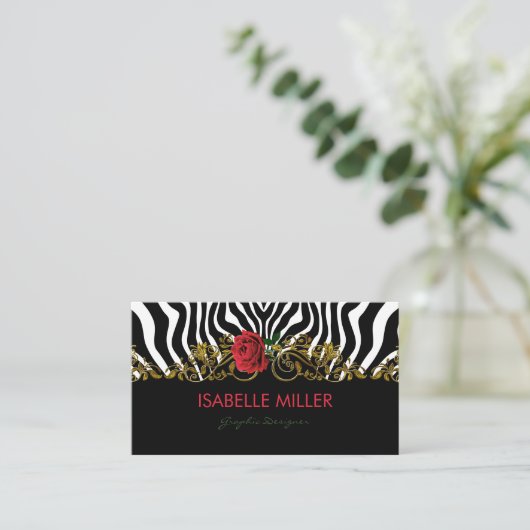 Abstrakte Zebra Blume Red Schwarz-weiß Gold        Visitenkarte (Stehend Vorderseite)