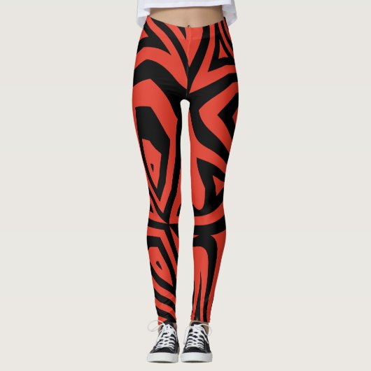 Abstrakte Zebra-Printfrauen, rot und schwarz, Legg Leggings (Vorderseite)