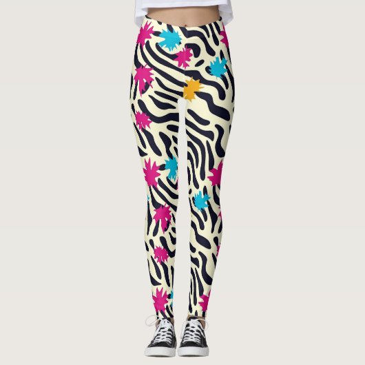 Abstrakte Zebra-Streifen mit Leaf Paint Splash Leggings (Vorderseite)