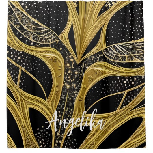 Abstrakte Zeilen, schwarz und goldfarbener Persona Duschvorhang (Vorderseite)