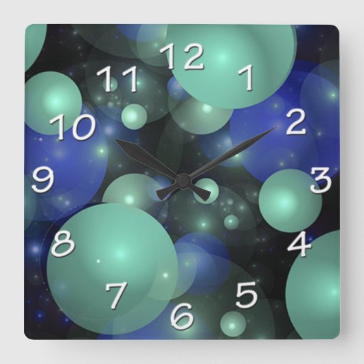 Abstrakte, zeitgenössische blaugrüne Blasen Quadratische Wanduhr (Vorderseite)