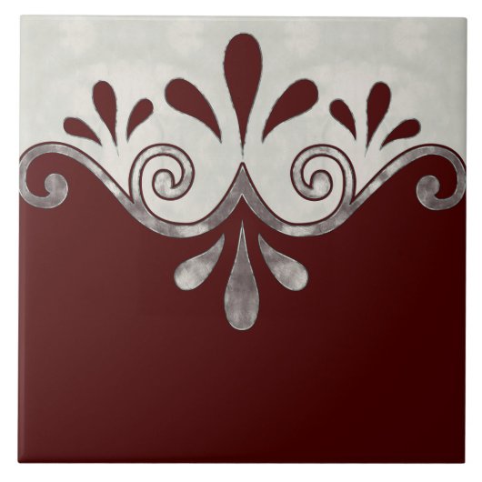 Abstrakte Zierform in Bordeaux und Silber Fliese (Vorderseite)