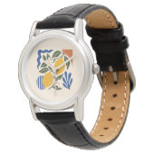 Abstrakte Zitronenblätter Boho Blau Creme Uhr (Schrägansicht)