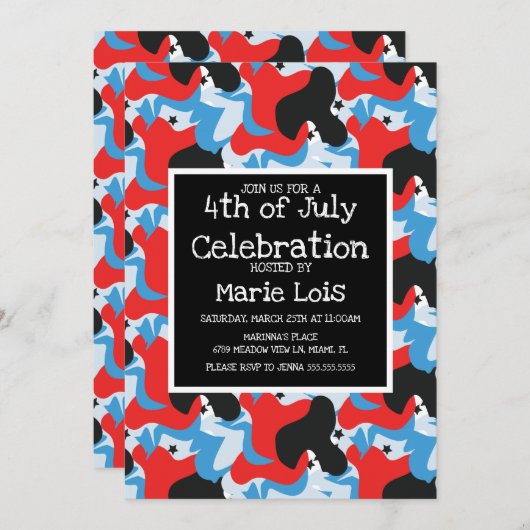 Abstrakter 4. Juli Sterne Schwarzes Blau Einladung (Vorne/Hinten)