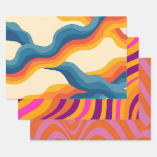 Abstrakter 70er Retro Orange Blue Wavy Strip Muste Geschenkpapier Set