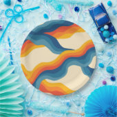 Abstrakter 70er Retro Orange Blue Wavy Strip Muste Pappteller (Party)
