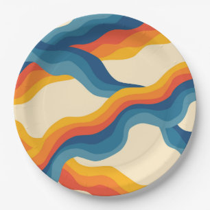 Abstrakter 70er Retro Orange Blue Wavy Strip Muste Pappteller