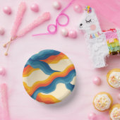 Abstrakter 70er Retro Orange Blue Wavy Strip Muste Pappteller (Party)