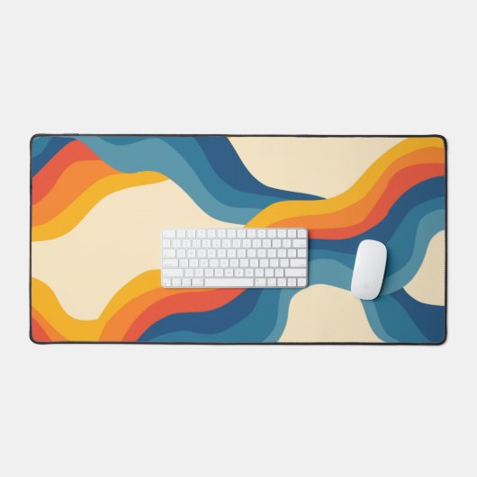 Abstrakter 70er Retro Orange Blue Wavy Strip Muste Schreibtischunterlage (Tastatur & Maus)