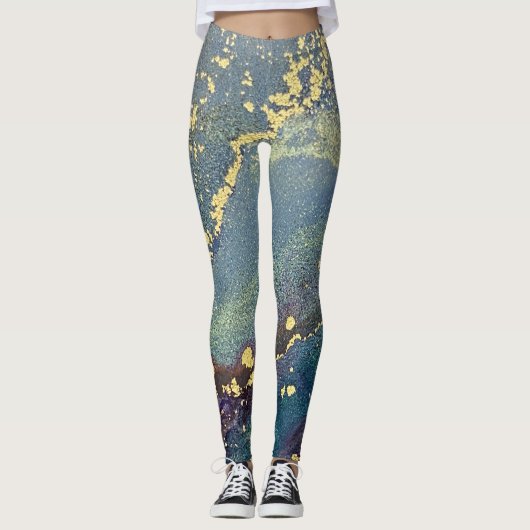 Abstrakter Alkohol Tinte Art Blue Aquamarin und Go Leggings (Vorderseite)