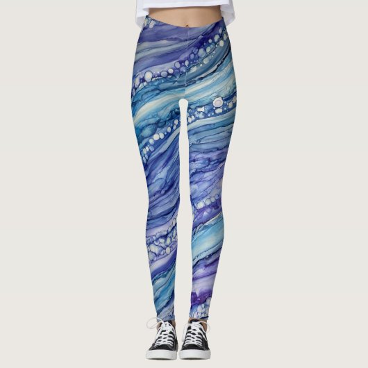 Abstrakter Alkohol Tinte Flüssigkeit Art Blau Lila Leggings (Vorderseite)