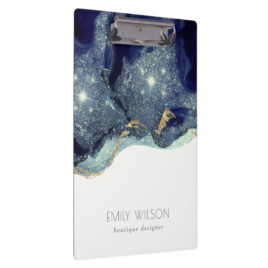 Abstrakter Alkoholtink Silver Navy Blue Glitzer Klemmbrett (Rechts)
