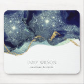 Abstrakter Alkoholtink Silver Navy Blue Glitzer Mousepad (Vorne)