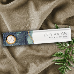 Abstrakter Alkoholtink Silver Navy Blue Glitzer Namensplakette