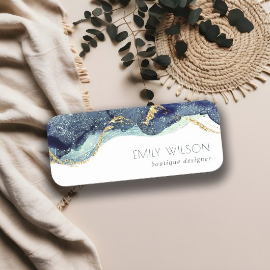 Abstrakter Alkoholtink Silver Navy Blue Glitzer Namensschild