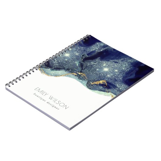 Abstrakter Alkoholtink Silver Navy Blue Glitzer Notizblock (Linke Seite)