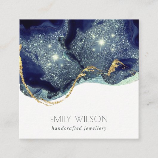 Abstrakter Alkoholtink Silver Navy Blue Glitzer Quadratische Visitenkarte (Vorderseite)