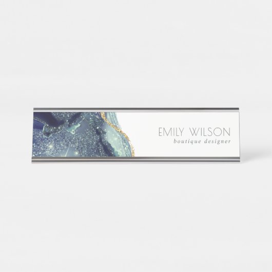 Abstrakter Alkoholtink Silver Navy Blue Glitzer Schreibtischnamensplakette (Vorderseite )