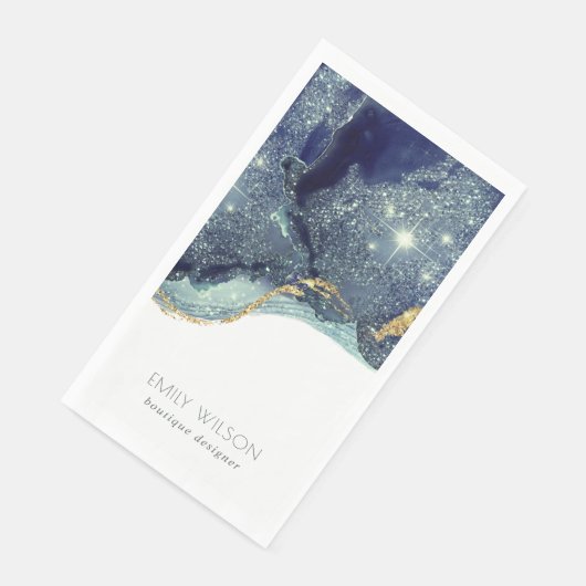 Abstrakter Alkoholtink Silver Navy Blue Glitzer Serviette (Ecke)