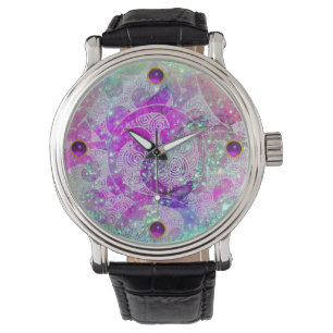 ABSTRAKTER AQUAMARINER BLAU, PINKWELLEN,GLITZERN,L ARMBANDUHR