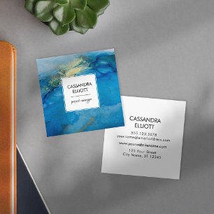Abstrakter Aquamariner Blue & Gold Alkohol Tinte F Quadratische Visitenkarte