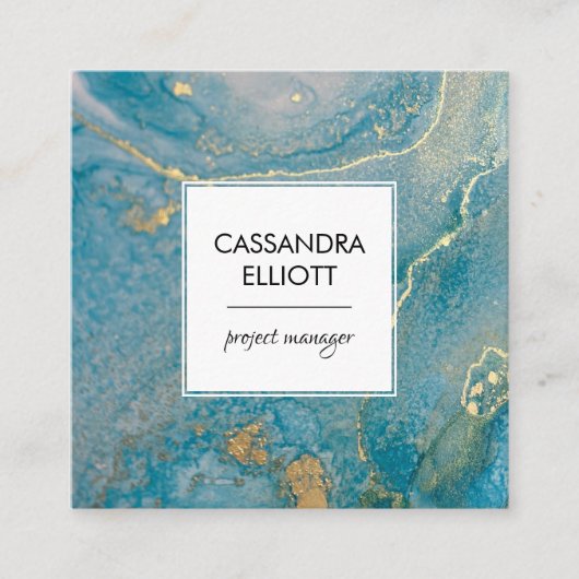 Abstrakter Aquamariner Blue & Gold Alkohol Tinte F Quadratische Visitenkarte (Vorderseite)