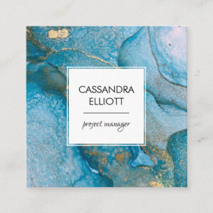 Abstrakter Aquamariner Blue & Gold Alkohol Tinte F Quadratische Visitenkarte