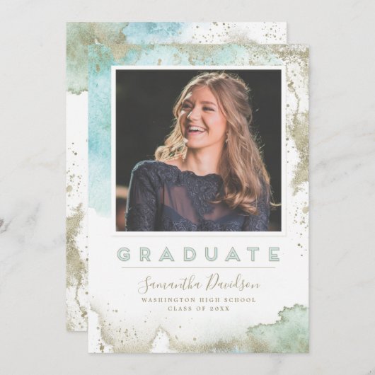 Abstrakter Aquamariner und Gold Moderner Abschluss Ankündigung (Vorne/Hinten)