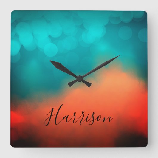 Abstrakter Art Skriptname Blau Aquamarin Orange Sq Quadratische Wanduhr (Vorderseite)