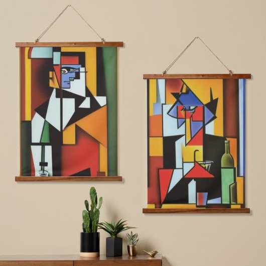 Abstrakter Barkeeper Cubist Wall Tapestry Wandteppich Mit Holzrahmen (Asymmetrisch)